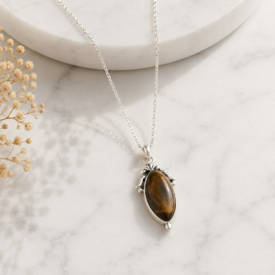 925 Silver Natural Tiger Eye Stone Pendant