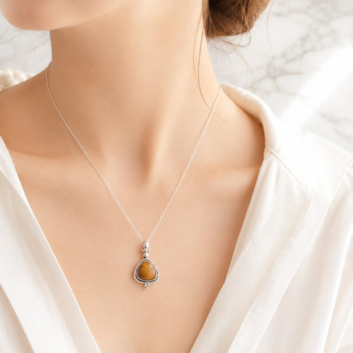 925 Silver Natural Tiger Eye Stone Pendant - Natural Shape