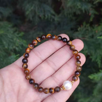 6mm Natural Tiger Eye Stone & Pearl Bracelet
