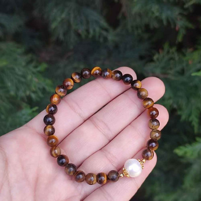 6mm Natural Tiger Eye Stone & Pearl Bracelet