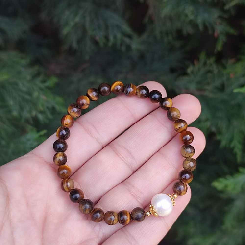 6mm Natural Tiger Eye Stone & Pearl Bracelet 6mm Natural Tiger Eye Stone & Pearl Bracelet