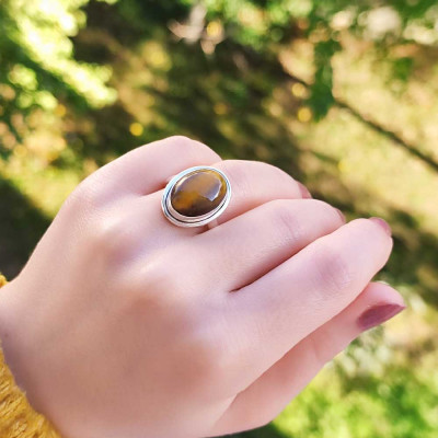 925 Silver Natural Tiger Eye Stone Ring