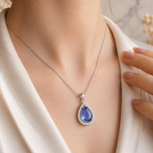 925 Silver Rare Blue Topaz Stone Pendant - Zircon Around
