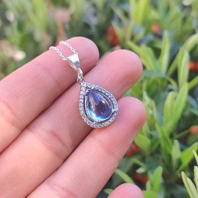 925 Silver Rare Blue Topaz Stone Pendant - Zircon Around