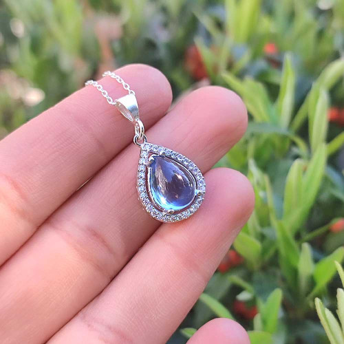 925 Silver Rare Blue Topaz Stone Pendant - Zircon Around