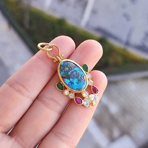 925 Sterling Silver Natural Turquoise Stone Pendant - Special Design
