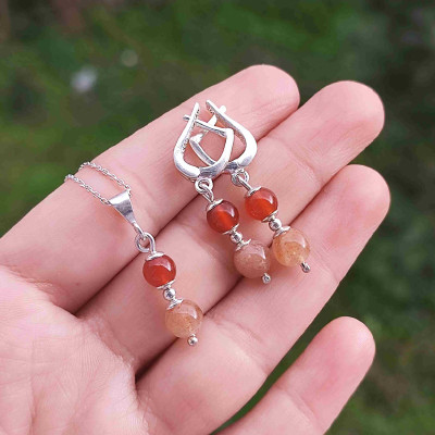 925 Sterling Silver Sun stone & Red Agate Set